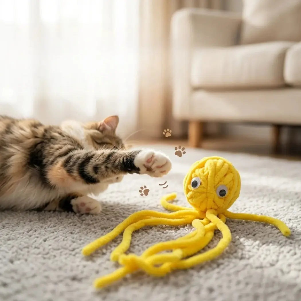 Peluche Poulpe jaune choisie comme jouet pour un chat d’intérieur