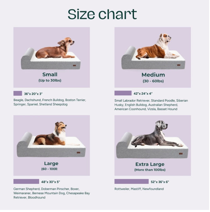 Guide des tailles du lit orthopédique pour chien, de S à XL